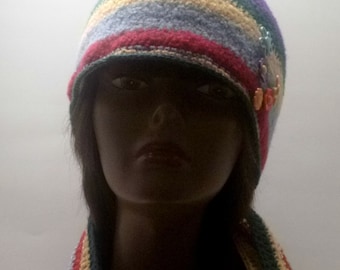 Colorful Womens Felted Cloche Hat -OOAK green purple blue yellow and fuchsia with happy buttons