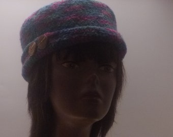 Crochet Felted pillbox style hat with blue multi color  Gift For Women Under 50 dollars
