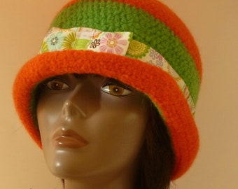 OOAK Flapper Style  Crochet Felted Wool Cloche Orange Lime Green