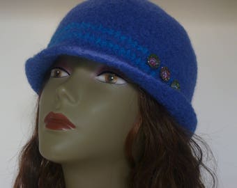 Womens Felted  Cloche Hat Collection- Blue 1920s style Cloche with  glass buttons