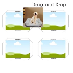 May include: A template with a dog bed image, a golden retriever, and the text "Drag and Drop". The template includes four octagonal frames with a landscape design, ready for customization with a brand name.
