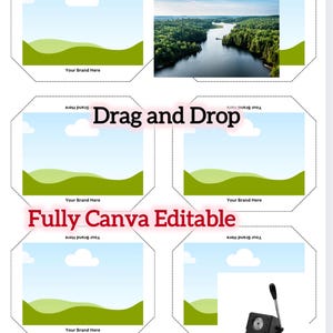 Puede incluir: Un diseño de diseño con una escena de paisaje, colinas verdes y cielos azules. Se muestra el texto "Drag and Drop" y "Fully Canva Editable". Una máquina de botones negra está en la esquina inferior derecha. También se muestra el texto "Your Brand Here".