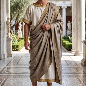 Mens Ancient Roman Senator Toga Costume, Greek Philosopher God Robe with Gold Trim, Historical Noble Tunica Cloak, Renaissance LARP Attire