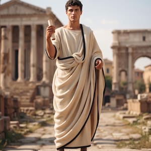 May include: A cream-colored toga featuring a dark brown trim along the edges, worn with brown strappy sandals. The garment is draped over the shoulder and body, reaching down to the ankles, and is paired with a small, rolled parchment scroll.