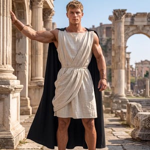 May include: A sleeveless, knee-length cream-coloured tunic with a draped front, cinched at the waist with a thin cord. The garment is paired with a long, solid black cape and brown leather wrist cuffs, complemented by brown strappy sandals.