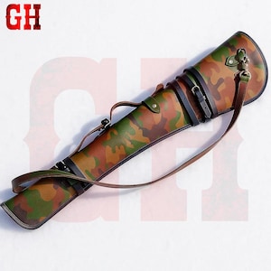 33&quot; Handmade Leather Rifle Case, Camouflage Printed Leather Scabbard, Chrome Fittings, Shoulder Strap, Hunting Accessory
