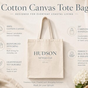 May include: Cream-colored cotton canvas tote bag with the text "Cotton Canvas Tote Bag" and "HUDSON STYLE CO" printed on it. Features 20-inch carrying handles. Designed for everyday coastal living.