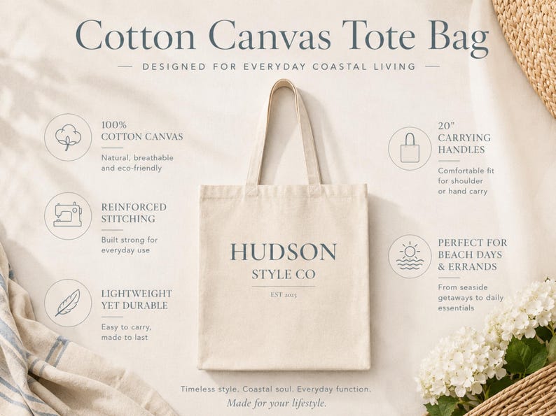 May include: Cream-colored cotton canvas tote bag with the text "Cotton Canvas Tote Bag" and "HUDSON STYLE CO" printed on it. Features 20-inch carrying handles. Designed for everyday coastal living.