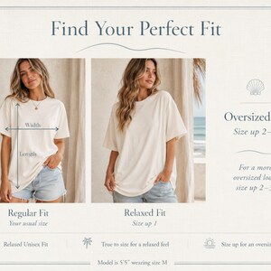 Pu&ograve; includere: Una guida alle taglie per t-shirt con due immagini di una persona che indossa una t-shirt color crema con pantaloncini di jeans blu. Il grafico include etichette per vestibilit&agrave; regolare, vestibilit&agrave; rilassata e vestibilit&agrave; oversize.