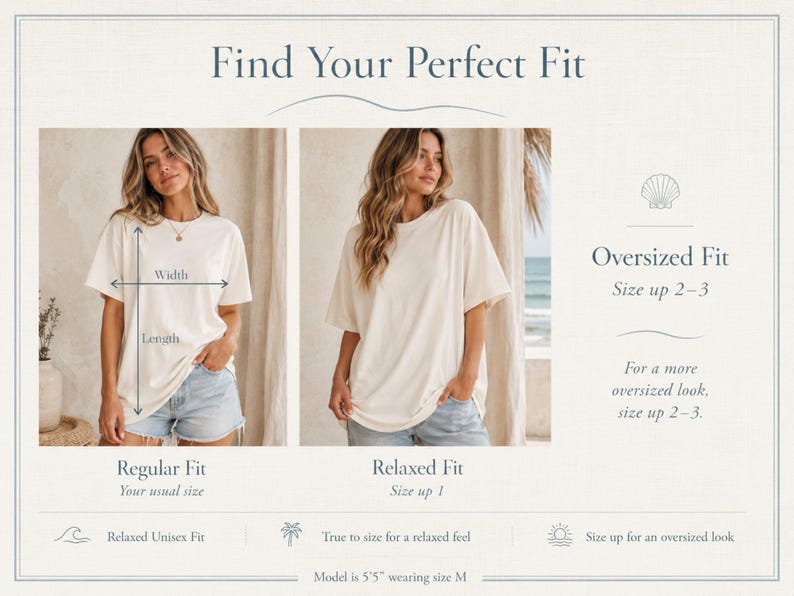 Pu&ograve; includere: Una guida alle taglie per t-shirt con due immagini di una persona che indossa una t-shirt color crema con pantaloncini di jeans blu. Il grafico include etichette per vestibilit&agrave; regolare, vestibilit&agrave; rilassata e vestibilit&agrave; oversize.