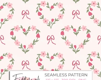 Papel digital floral con diseño sin costuras de corazón y lazo / Cottagecore para el Día de la Madre, ideal para tela, transferencias y uso personal y comercial.