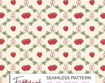 Naadloos patroon met aardbeienstrikjes | Digitaal papier met aardbeienmotief in cottagecore-stijl voor kleine bedrijven