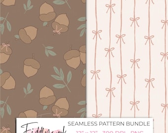 Paquete de patrones sin costuras de bellotas del bosque / Papel digital con lazo rosa para guardería para tela, transferencias y uso en pequeñas empresas