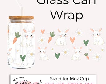 Easter Bunny Glass Can Wrap PNG | 16oz Libbey Glass Sublimation Cute Bunny Drink Wrap Spring Digital File Transparent Background UVDTF