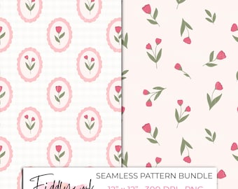 Paquete de patrones de tulipanes rosas Cameo / Conjunto de patrones florales sin costuras Cottagecore para telas, transferencias, uso personal y para pequeñas empresas