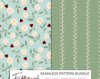 Paquete de patrones florales sin costuras de mariquitas / Patrones florales pequeños de estilo cottagecore para tela, guardería, niños y uso en pequeñas empresas.