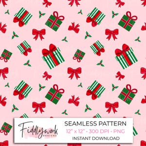 Christmas Gifts Seamless Pattern | Pink Holiday Gifts and Bows Digital Paper for Fabric, Transfers, Crafts, Personal & Small Business Use