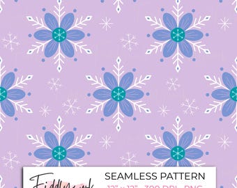 Naadloos patroon met winterse bloemen en sneeuwvlokken | Paars, speels digitaal winterpapier voor textiel en kleine bedrijven