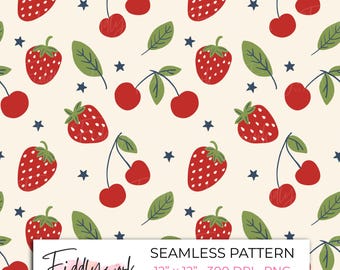 Papel digital con estampado americano sin costuras de fresa y cereza / Papel digital de frutas de verano para tela, transferencias y uso en pequeñas empresas.