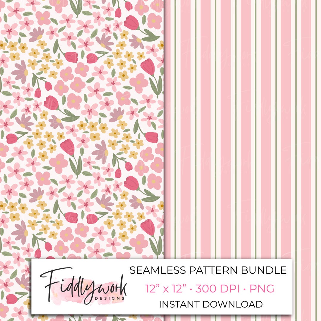 Pink Tulip Ditsy Floral Seamless Pattern Bundle | Spring Floral Digital ...