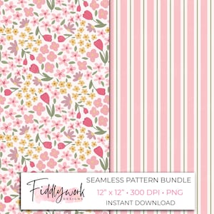 May include: A seamless pattern bundle featuring two designs. One side showcases a floral pattern with pink and yellow flowers on a white background. The other side has pink and green stripes. The text reads "Fiddlywork Designs, Seamless Pattern Bundle, 12" x 12", 300 DPI, PNG, Instant Download."