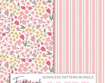 Paquete de patrones florales sin costuras de tulipanes rosas / Papeles digitales florales primaverales para tela, transferencias, uso personal y para pequeñas empresas