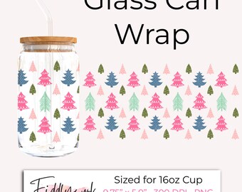 Pastel Christmas Trees Glass Can Wrap Cute Holiday Design for 16oz Libbey Cup Sublimation and UVDTF Printing