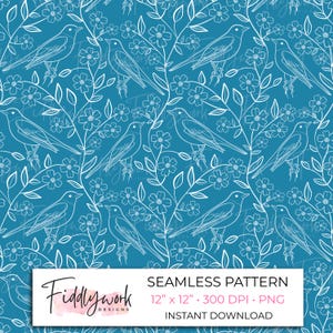 Robin Floral Seamless Pattern | Blue Bird Digital Paper White Line Art Floral Background Spring Bird Fabric Cottagecore Printable