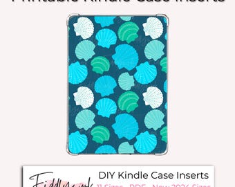 May include: A Kindle case insert featuring a pattern of turquoise, light blue, and white seashells on a dark blue backdrop. The text "Printable Kindle Case Inserts" is at the top. The bottom text reads "DIY Kindle Case Inserts" and "Instant Download".