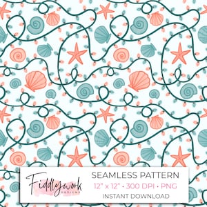 May include: Seamless pattern featuring seashells, starfish, and string lights in a repeating design. The pattern includes light blue, coral, and teal elements on a white background. The text "SEAMLESS PATTERN" and "INSTANT DOWNLOAD" are also visible.