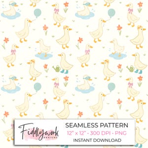 Silly Goose Seamless Pattern - Whimsical Duck Digital Paper with Puddles and Flowers, Spring Farm Animal Background for Crafts & Fabric