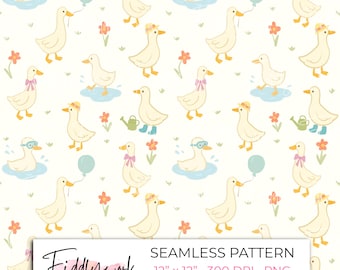 Silly Goose Seamless Pattern - Whimsical Duck Digital Paper with Puddles and Flowers, Spring Farm Animal Background for Crafts & Fabric