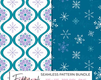 Naadloos patroonpakket met winterse bloemen, ogee-rand en sneeuwvlokken | Paars, speels digitaal winterpapier voor textiel en kleine bedrijven