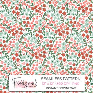 Op de afbeelding: Een naadloos patroon met rode kerststerren, lichtgroene bloemen, groene hulstbladeren en roze gestreepte zuurstokken op een witte achtergrond. Een wit label toont de tekst Fiddlywork DESIGNS SEAMLESS PATTERN 12" x 12" 300 DPI PNG INSTANT DOWNLOAD.