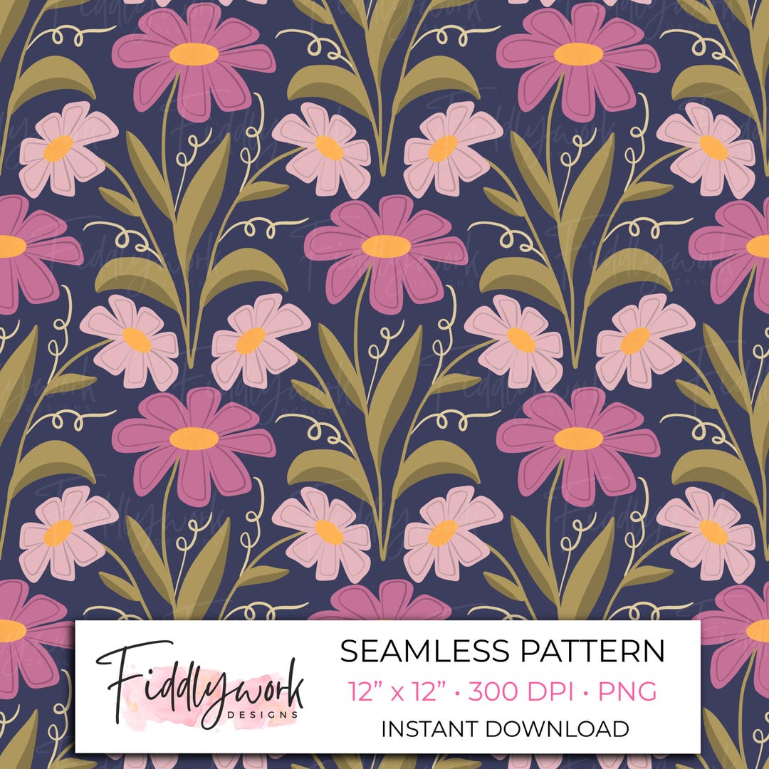 Purple Daisy Floral Seamless Pattern | Dark Blue Background Trailing ...