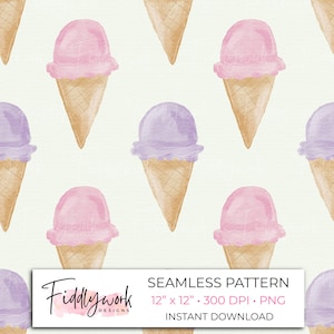 Watercolor Ice Cream Seamless Pattern | Pink & Purple Ice Cream Cones Surface Pattern Digital Paper Fabric Scrapbooking Seamless File PNG