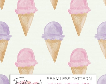 Patrón sin costuras de helado de acuarela / Patrón de superficie de conos de helado rosa y morado, papel digital, tela, scrapbooking, archivo PNG sin costuras