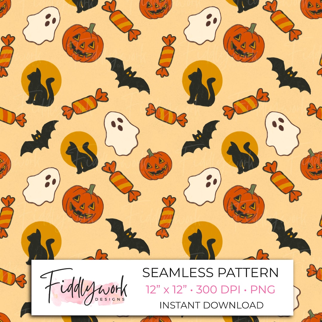 Vintage Halloween Seamless Pattern | Retro Pumpkin & Ghost Digital ...