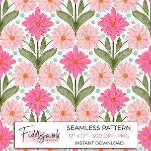 Watercolor Pink Daisy Seamless Pattern | Floral Digital Paper Ogee Pattern Spring Flower Background Floral Fabric Flower Seamless File