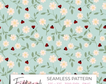 Patrón floral sin costuras de mariquitas / Patrón floral primaveral para tela, guardería, estilo cottagecore, uso en pequeñas empresas.