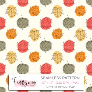 May include: A seamless pattern with stylized autumn leaves in red, orange, yellow, and green on a cream background. The leaves are outlined in black. The text "Seamless Pattern" and dimensions are included.