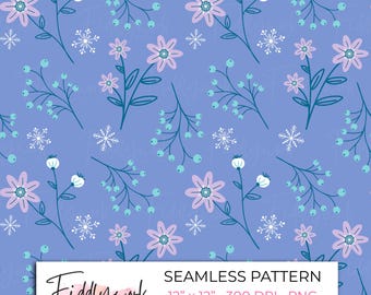 Naadloos patroon met winterse wilde bloemen en sneeuwvlokken | Paars, speels digitaal papier met winterse bloemen voor textiel en kleine bedrijven