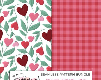 Bundel met naadloos hart- en bloemenpatroon | Rood-roze gingham & Valentijnshartstofontwerp, geruit digitaal papier voor kleine bedrijven