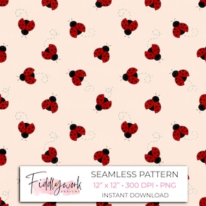 May include: Seamless pattern featuring red ladybugs with black spots and heads, scattered across a light peach background. Each ladybug has a dotted trail. The design includes the text "Seamless Pattern" and "Instant Download".