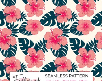 Papel digital con estampado de hibisco tropical sin costuras / Flores de verano llamativas para tela, transferencias, uso personal y en pequeñas empresas.