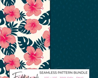 Paquete de patrones sin costuras de hibisco tropical / Papeles digitales florales de verano llamativos para tela, transferencias, uso personal y para pequeñas empresas