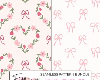 Paquete de patrones sin costuras de corazones y lazos florales / Papeles digitales florales estilo Cottagecore para tela, transferencias, uso personal y para pequeñas empresas