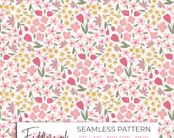 Papel digital floral sin costuras con tulipanes rosas y flores de primavera estilo cottagecore para tela, transferencias y uso personal y comercial.