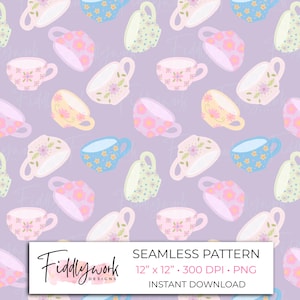 Pastel Teacup Seamless Pattern | Purple Tea Party Digital Paper for Fabric, Transfers, Personal & Small Business Use PNG