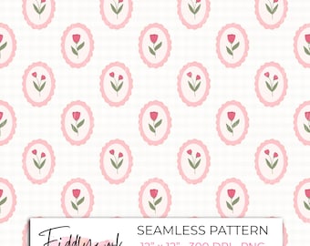 Papel digital floral estilo cottagecore con estampado de tulipanes rosas sin costuras para tela, transferencias y uso personal y comercial.
